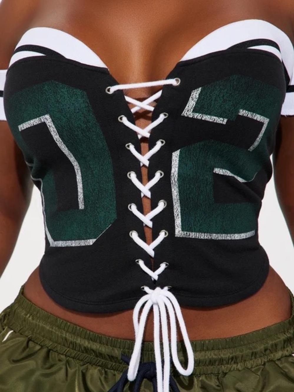 Off-Shoulder Lace-Up Crop Top with Green Panel Accents - Picture 2 of 6